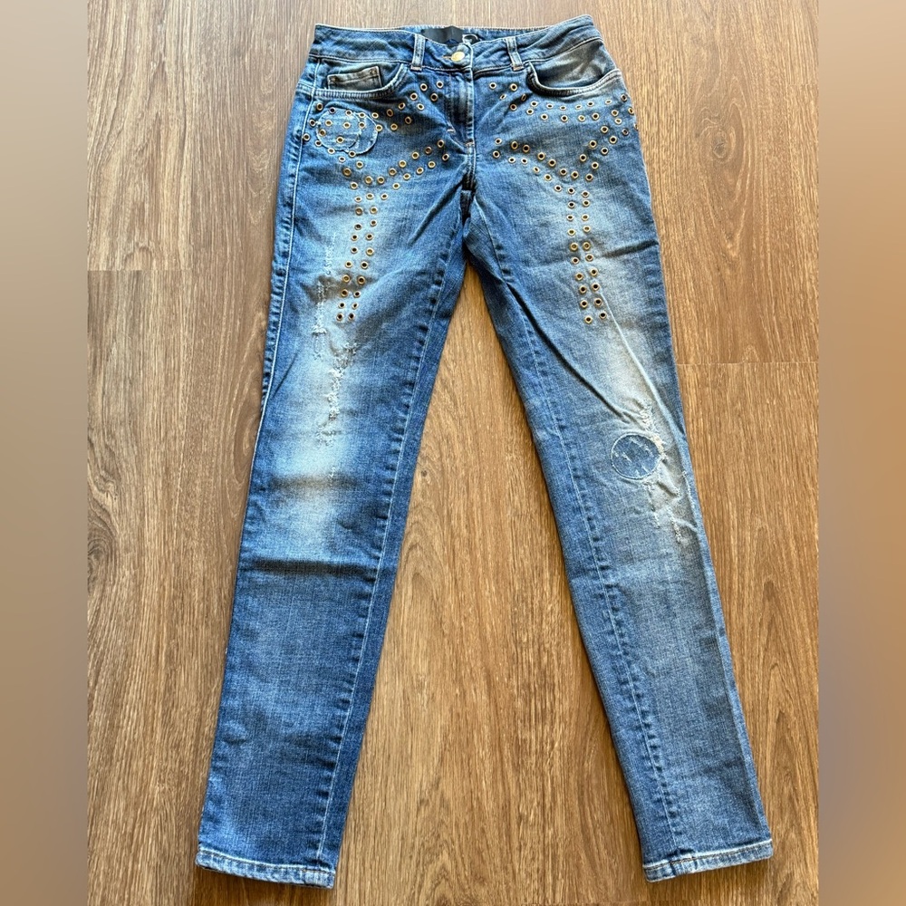JUST CAVALLI Womens Metal Grommet Studded Embellished Distress Denim Jeans